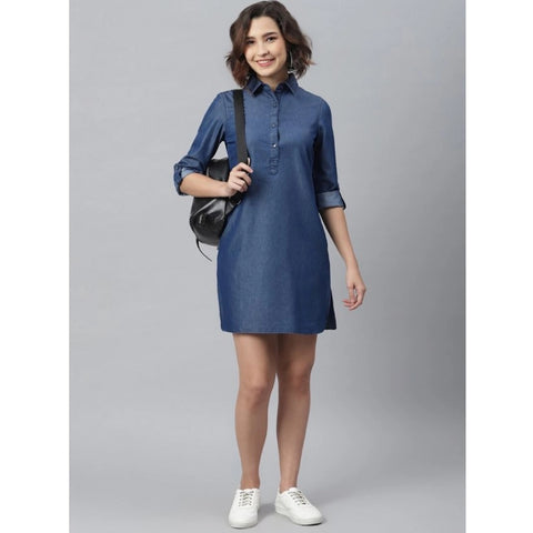 Generic Women's Denim Solid Long Sleeves Above Knee Dress (Navy Blue)