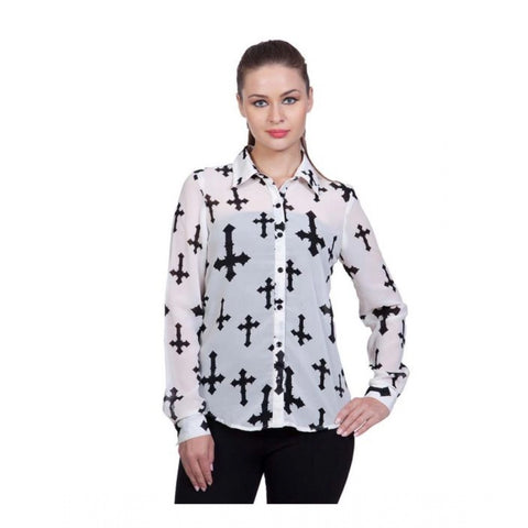 Generic Women's Polyester Printed Long Sleeves Standard Length Shirt (White)