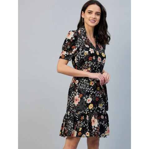 Generic Women's Polyester Floral Short Sleeve Above Knee Dress (Black)