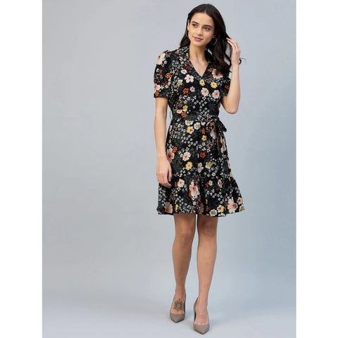 Generic Women's Polyester Floral Short Sleeve Above Knee Dress (Black)