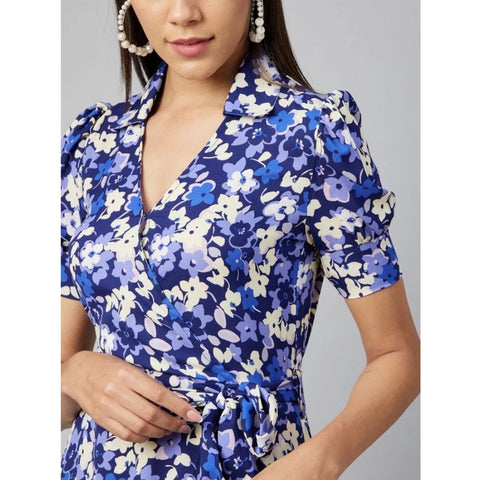 Generic Women's Polyester Floral Short Sleeve Above Knee Dress (Blue - Purple)