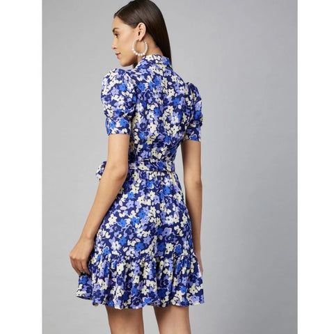 Generic Women's Polyester Floral Short Sleeve Above Knee Dress (Blue - Purple)