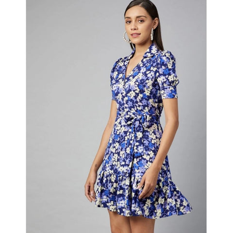 Generic Women's Polyester Floral Short Sleeve Above Knee Dress (Blue - Purple)