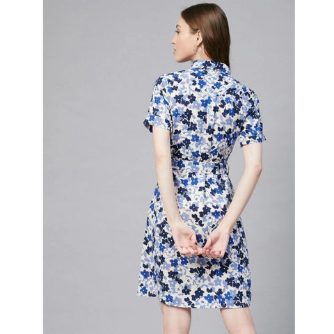 Generic Women's Polyester Floral Short Sleeve Above Knee Dress (Blue - White)