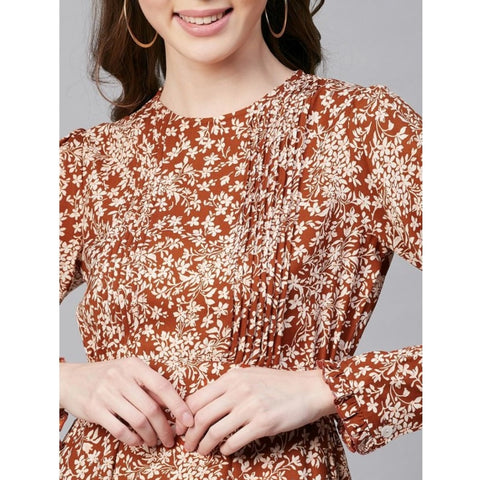 Generic Women's Polyester Floral Long Sleeves Above Knee Dress (Rust)