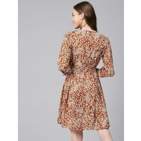 Generic Women's Polyester Floral Long Sleeves Above Knee Dress (Rust)