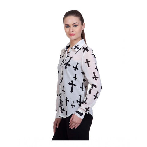 Generic Women's Polyester Printed Long Sleeves Standard Length Shirt (White)