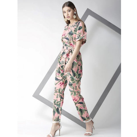 Generic Women's Polyester Floral Half Sleeve Jumpsuit (Pink)