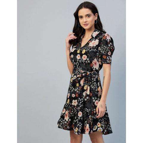 Generic Women's Polyester Floral Short Sleeve Above Knee Dress (Black)