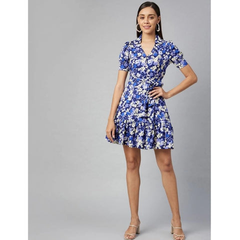 Generic Women's Polyester Floral Short Sleeve Above Knee Dress (Blue - Purple)