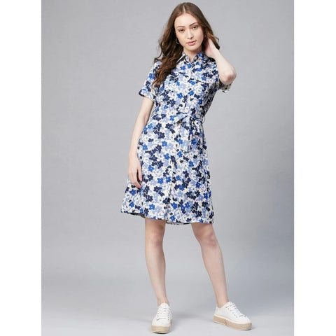 Generic Women's Polyester Floral Short Sleeve Above Knee Dress (Blue - White)