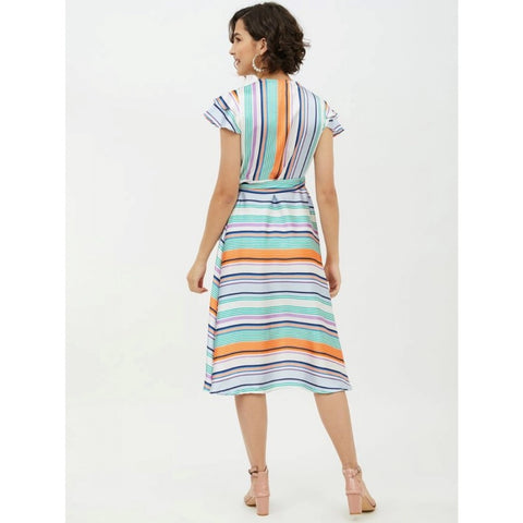 Generic Women's Satin Striped Short Sleeve Knee-Length Dress (Multicolor)