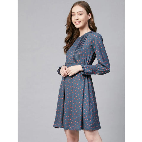 Generic Women's Polyester Polka Long Sleeves Above Knee Dress (Grey - Coral)