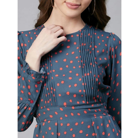 Generic Women's Polyester Polka Long Sleeves Above Knee Dress (Grey - Coral)