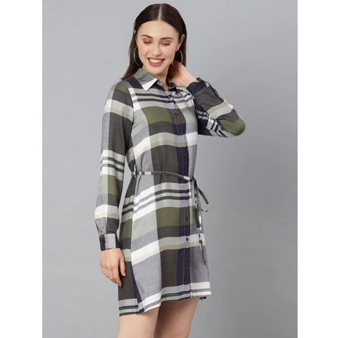 Generic Women's Cotton Checkered Long Sleeves Above Knee Dress (Olive - White)