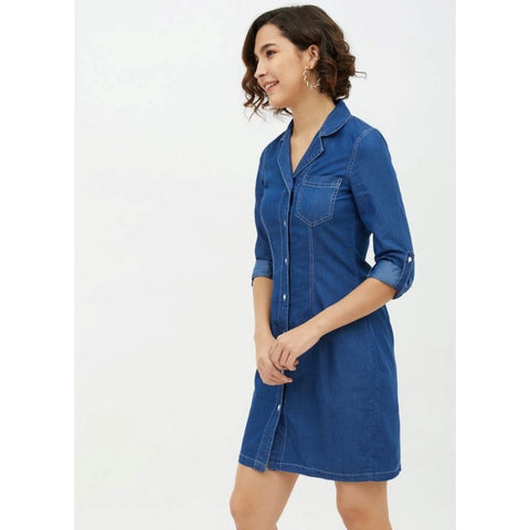 Generic Women's Denim Solid Long Sleeves Above Knee Dress (Blue)