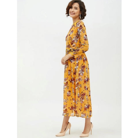 Generic Women's Polyester Floral Long Sleeves Calf-length Dress (Multicolor)