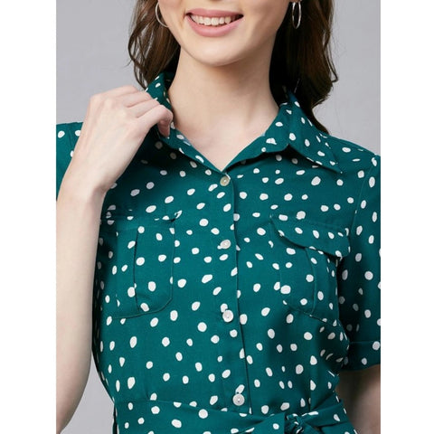 Generic Women's Polyester Polka Short Sleeve Above Knee Dress (Blue - White)