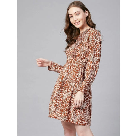 Generic Women's Polyester Floral Long Sleeves Above Knee Dress (Rust)