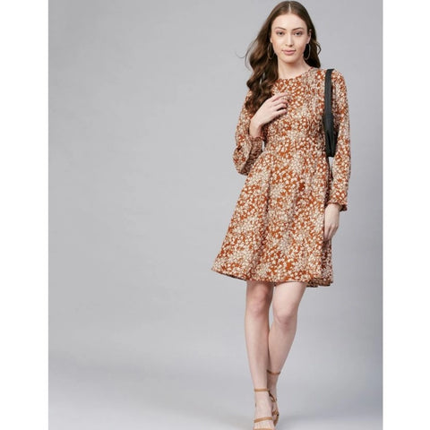 Generic Women's Polyester Floral Long Sleeves Above Knee Dress (Rust)