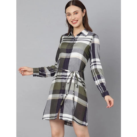 Generic Women's Cotton Checkered Long Sleeves Above Knee Dress (Olive - White)