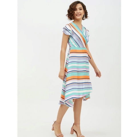 Generic Women's Satin Striped Short Sleeve Knee-Length Dress (Multicolor)