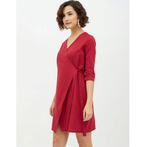 Generic Women's Cotton Wrap 3-4th Sleeves Above Knee Dress (Maroon)