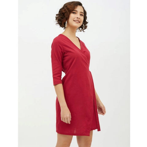 Generic Women's Cotton Wrap 3-4th Sleeves Above Knee Dress (Maroon)