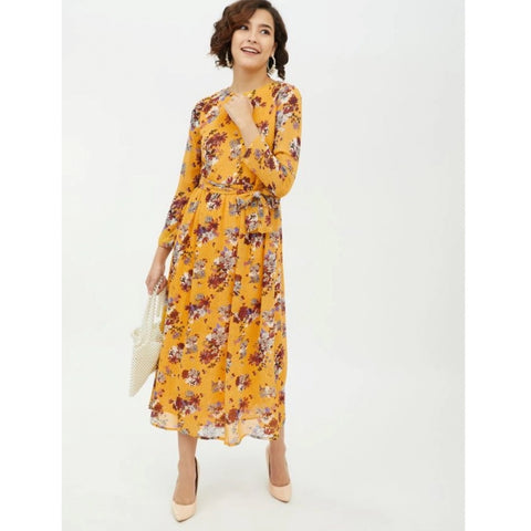 Generic Women's Polyester Floral Long Sleeves Calf-length Dress (Multicolor)