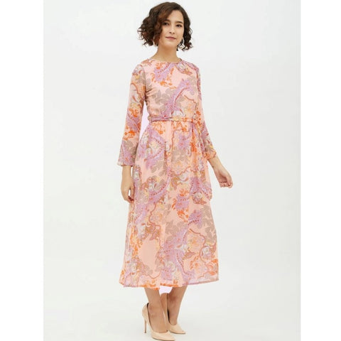 Generic Women's Polyester Printed Long Sleeves Calf-length Dress (Multicolor)