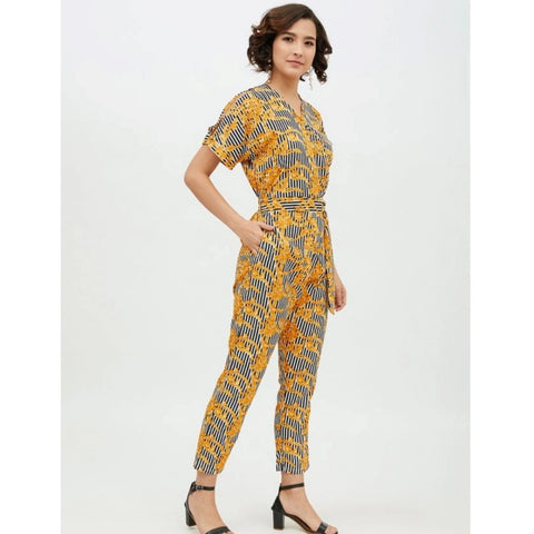 Generic Women's Polyester Printed Half Sleeve Long Jumpsuit (Yellow)