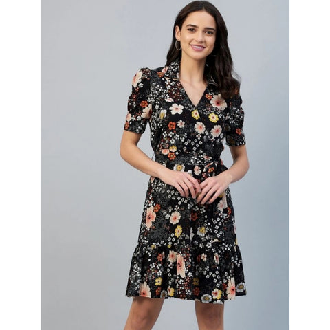 Generic Women's Polyester Floral Short Sleeve Above Knee Dress (Black)