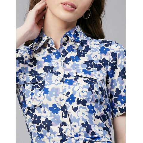 Generic Women's Polyester Floral Short Sleeve Above Knee Dress (Blue - White)