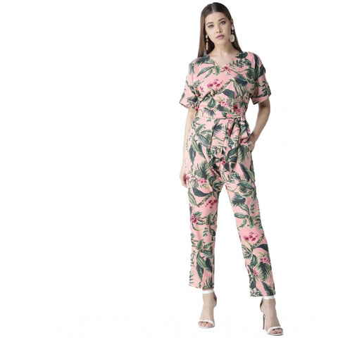 Generic Women's Polyester Floral Half Sleeve Jumpsuit (Pink)