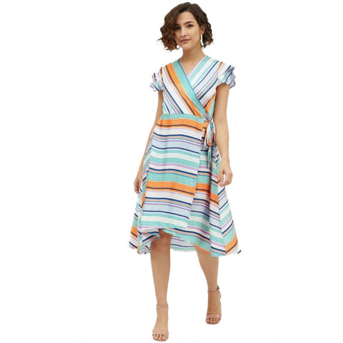 Generic Women's Satin Striped Short Sleeve Knee-Length Dress (Multicolor)