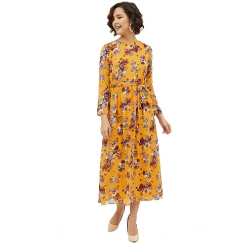 Generic Women's Polyester Floral Long Sleeves Calf-length Dress (Multicolor)