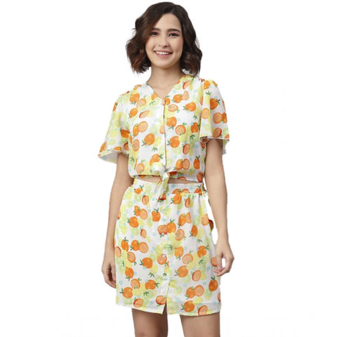 Generic Women's Polyester Printed Flutter Above Knee Dress (Orange - Yellow)