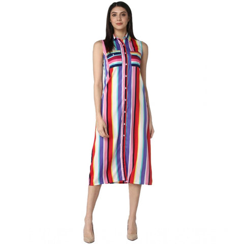 Generic Women's Polyester Striped Sleeveless Calf-length Dress (Multicolor)