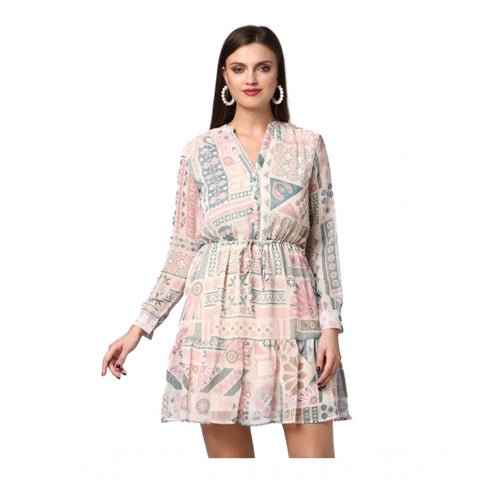 Generic Women's Polyester Printed Long Sleeves Above Knee Dress (Light Pink - Off White)