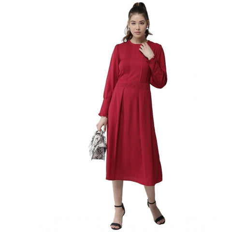 Generic Women's Polyester Pintuck Long Sleeves Below Knee Dress (Red)