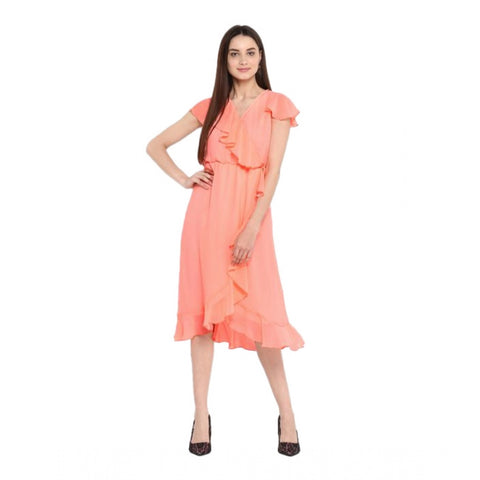 Generic Women's Polyester Ruffled Cap Sleeve Below Knee Dress (Neon Pink)