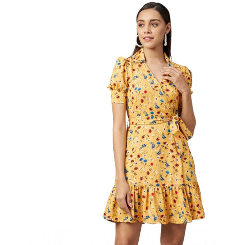 Generic Women's Polyester Floral Short Sleeve Above Knee Dress (Yellow)