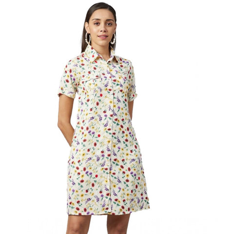 Generic Women's Polyester Floral Short Sleeve Above Knee Dress (Multicolor)