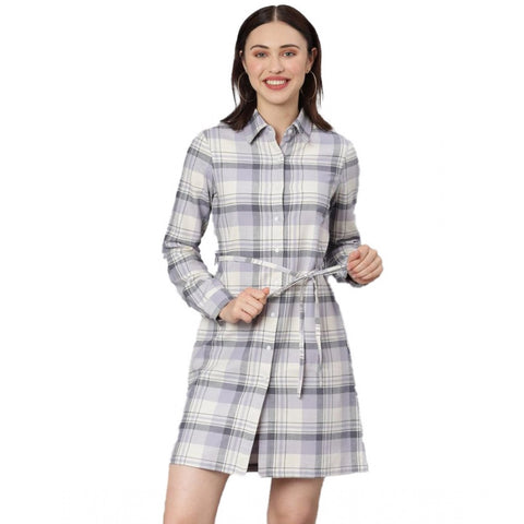 Generic Women's Cotton Checkered Long Sleeves Above Knee Dress (Grey)