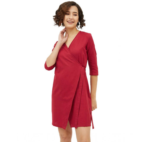 Generic Women's Cotton Wrap 3-4th Sleeves Above Knee Dress (Maroon)