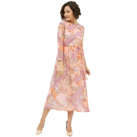 Generic Women's Polyester Printed Long Sleeves Calf-length Dress (Multicolor)