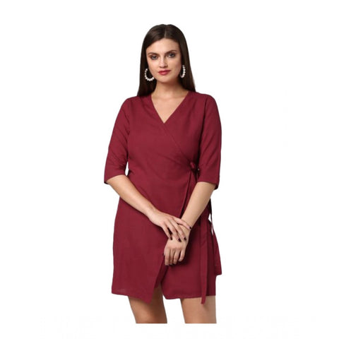 Generic Women's Cotton Solid 3-4th Sleeves Above Knee Dress (Maroon)