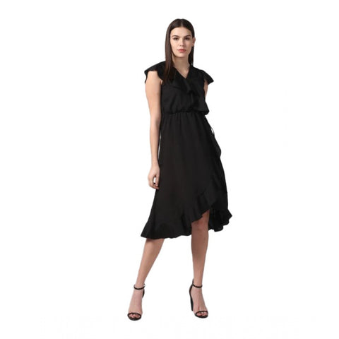 Generic Women's Polyester Ruffled Cap Sleeve Knee-Length Dress (Black)