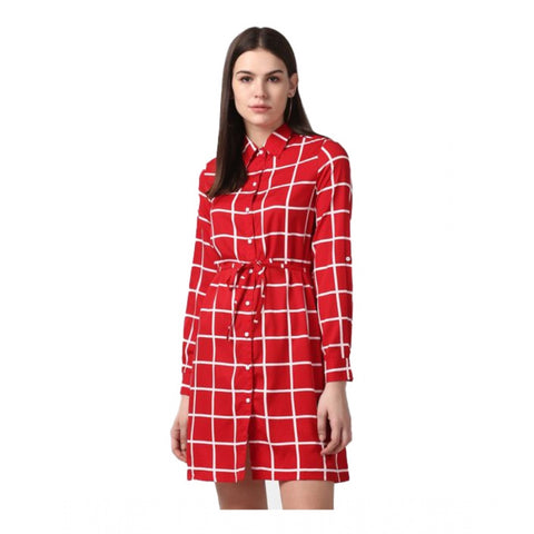 Generic Women's Polyester Checkered Long Sleeves Above Knee Dress (Red)