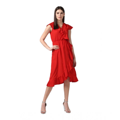 Generic Women's Polyester Ruffled Cap Sleeve Knee-Length Dress (Red)